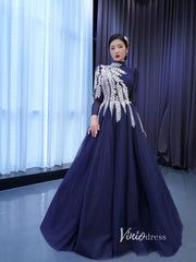 Modest High Neck Ball Gown Long Sleeve Formal Dresses 67530-prom dresses 2025 -Viniodress-Navy Blue-Custom Size-