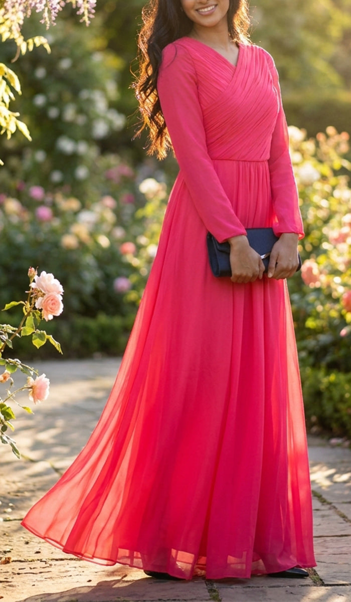 Saba Long Sleeve Silk Chiffon Modest Muslim Formal Evening Dress - Coral Pink - FINAL SALE
