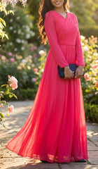 Saba Long Sleeve Silk Chiffon Modest Muslim Formal Evening Dress - Coral Pink - FINAL SALE