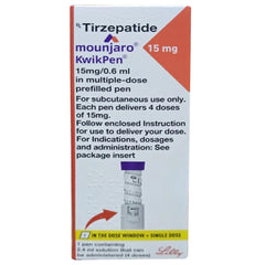 Mounjaro 15mg Tirzepatide multi dose pre filled KwikPen injection box by Eli Lilly and Company for maximum weight loss and advanced blood sugar regulation