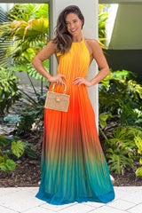 multi color pleated maxi dress with open back