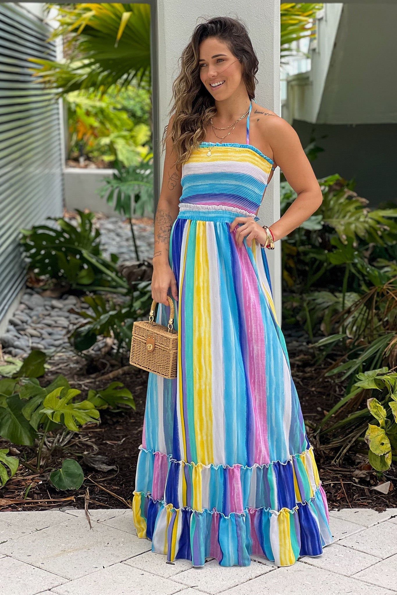 multicolor smocked top maxi dress