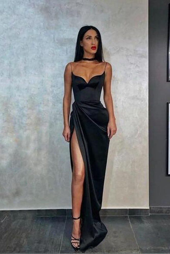Sexy Sheath Sweetheart Black Silk Satin Long Prom Dresses with Slit,Formal Dresses