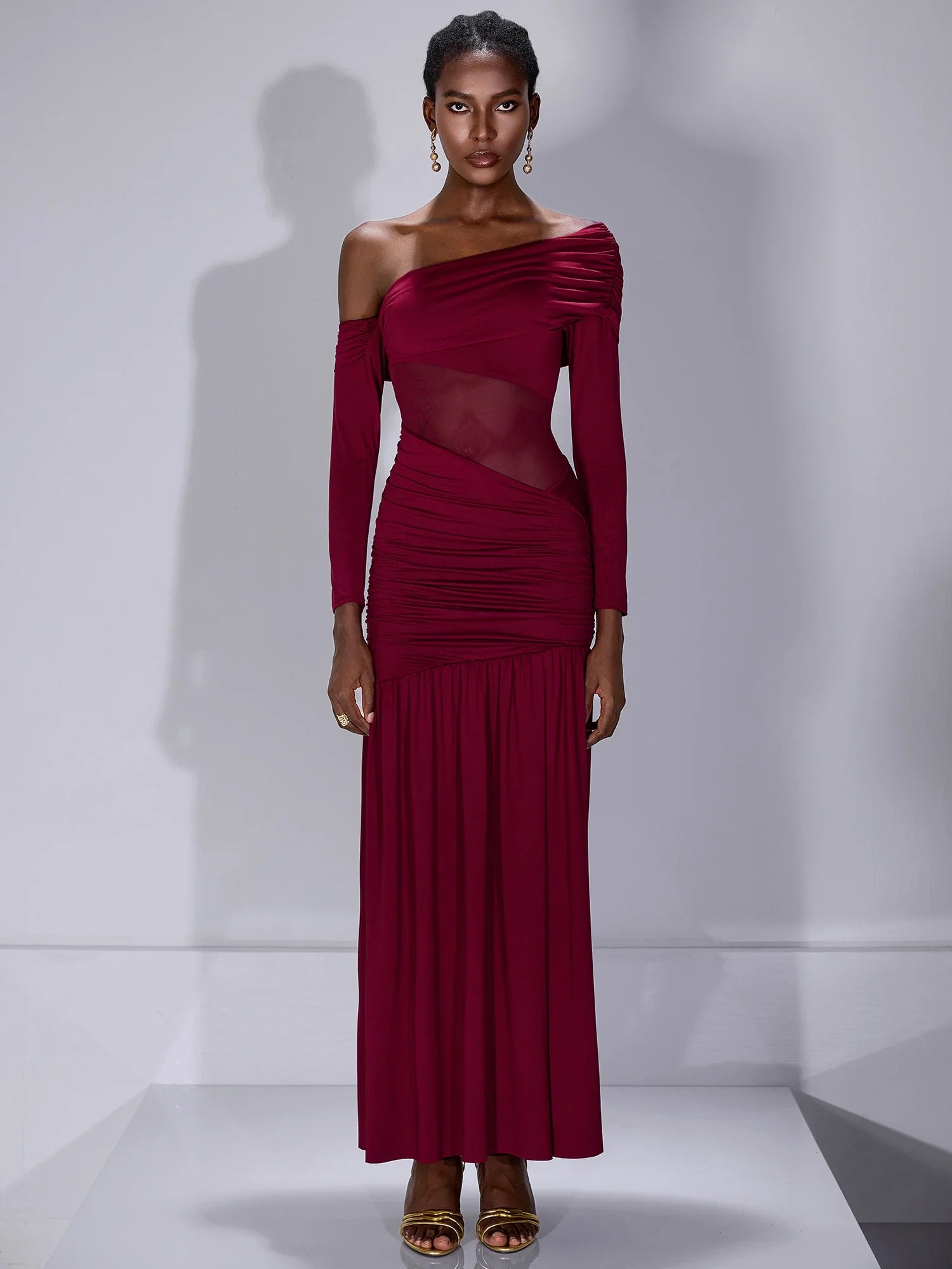 One Shoulder Asymmetric Mesh Maxi Dress|NOOSGOP