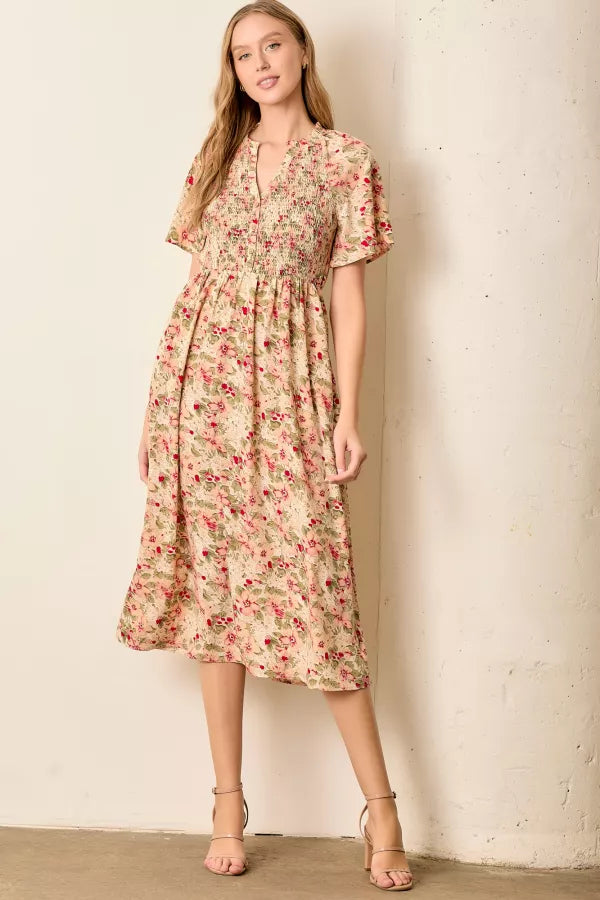 The Nova Floral Button Up Midi Dress in Cream