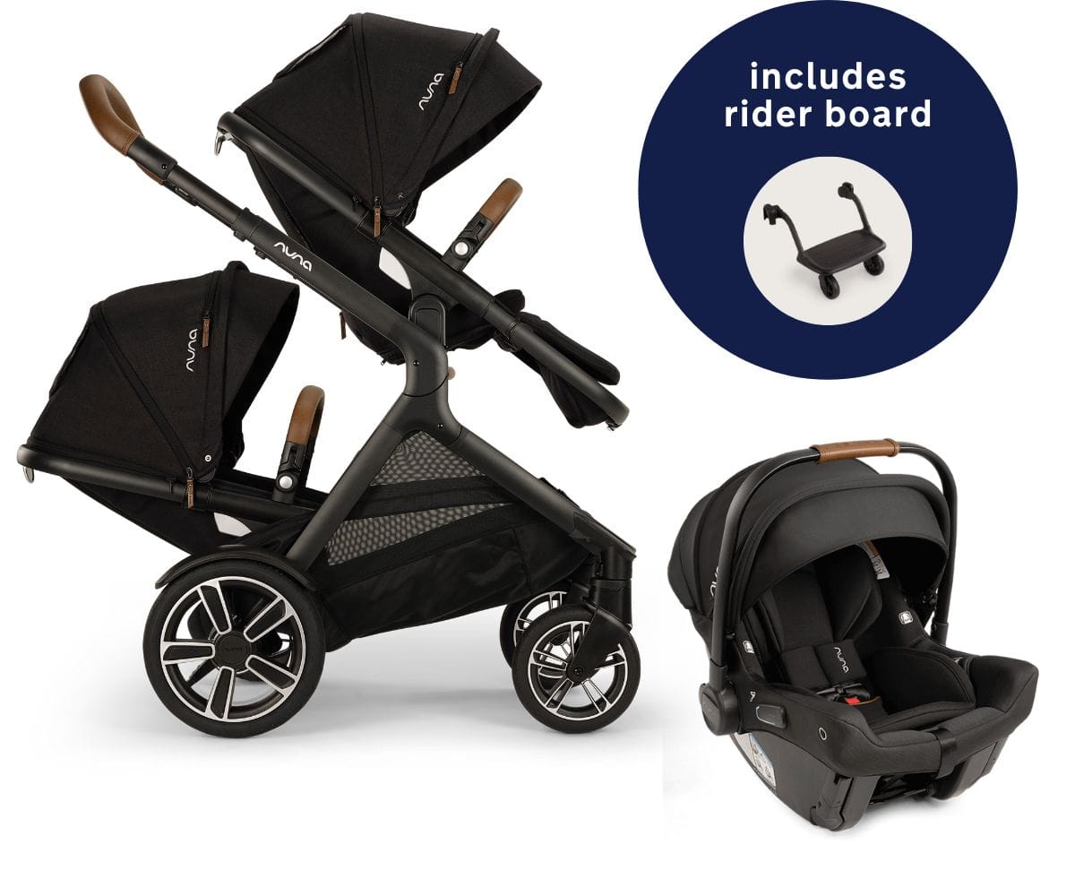 Nuna DEMI Next Double Stroller with Rider Board + PIPA urbn Travel System Bundle - Caviar - DBL-TS17915600CVR