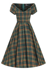 Front view of Off Shoulder Green Tartan Check Circle Dress