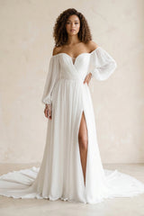 Simple A-Line Off the Shoulder White Beach Wedding Dresses with Slit – Wedding Dresses by KissProm | Available at KissProm