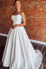 Off Shoulder A Line Satin Wedding Dresses for Bride Corset Wedding Gowns HE1238