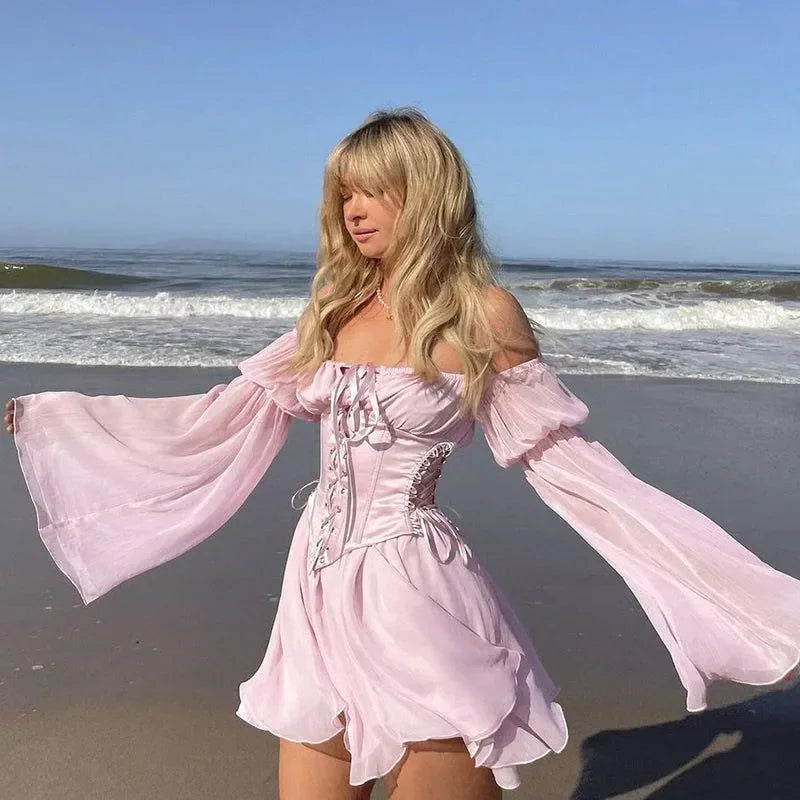 off-shoulder corset dress with bell sleeves, beach outing style