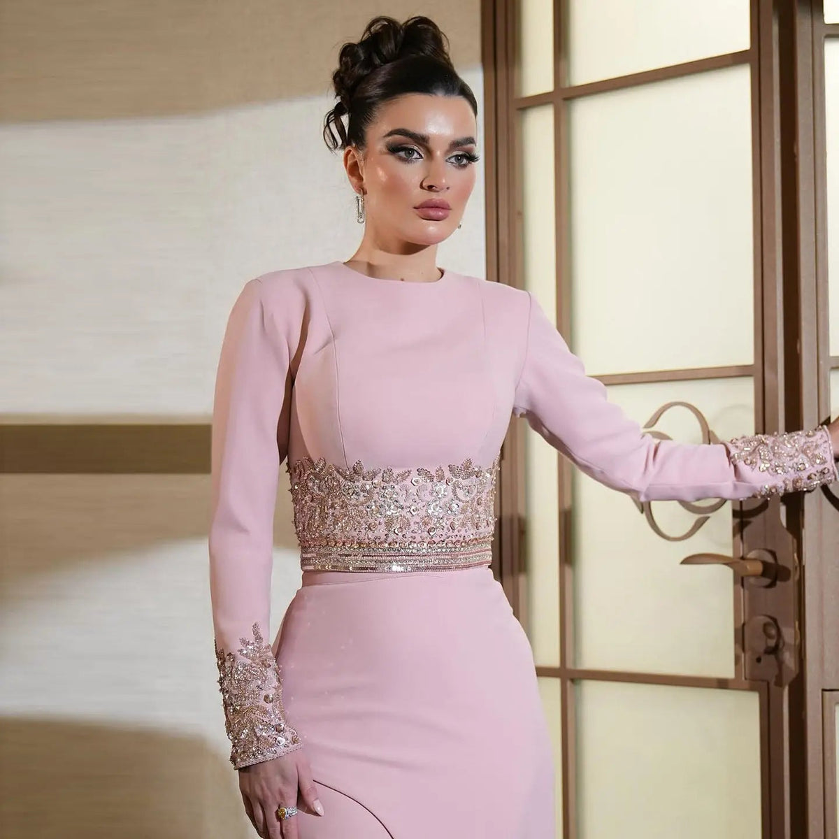 Luxury Pink Long Sleeve Beaded Waist Fitted Evening Dress SS525
