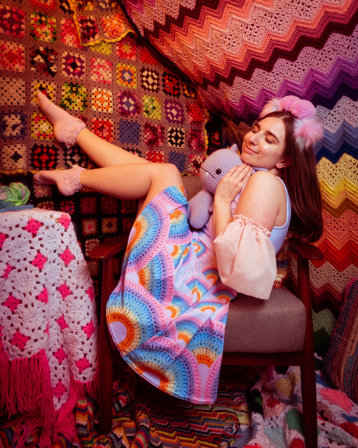'Pastel Rainbow' Crochet Print Skater Dress