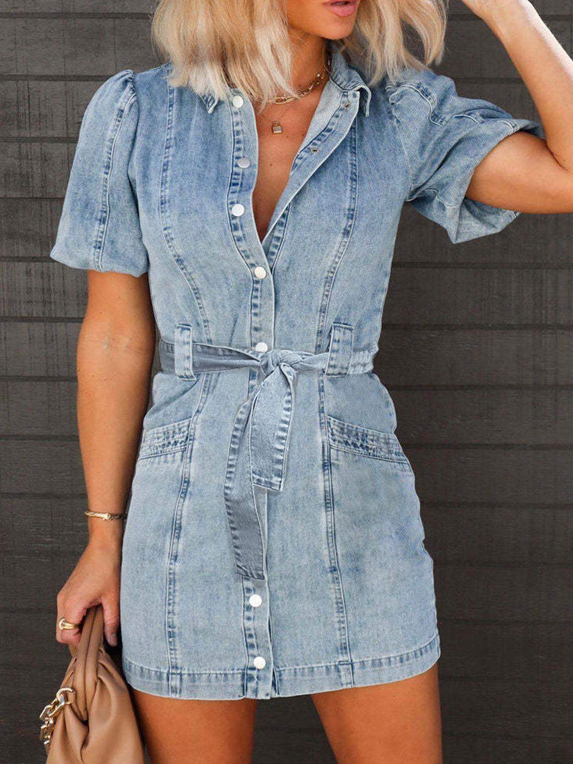 Olivia Puff Sleeve Button Up Mini Denim Dress in Medium - Dresses photo