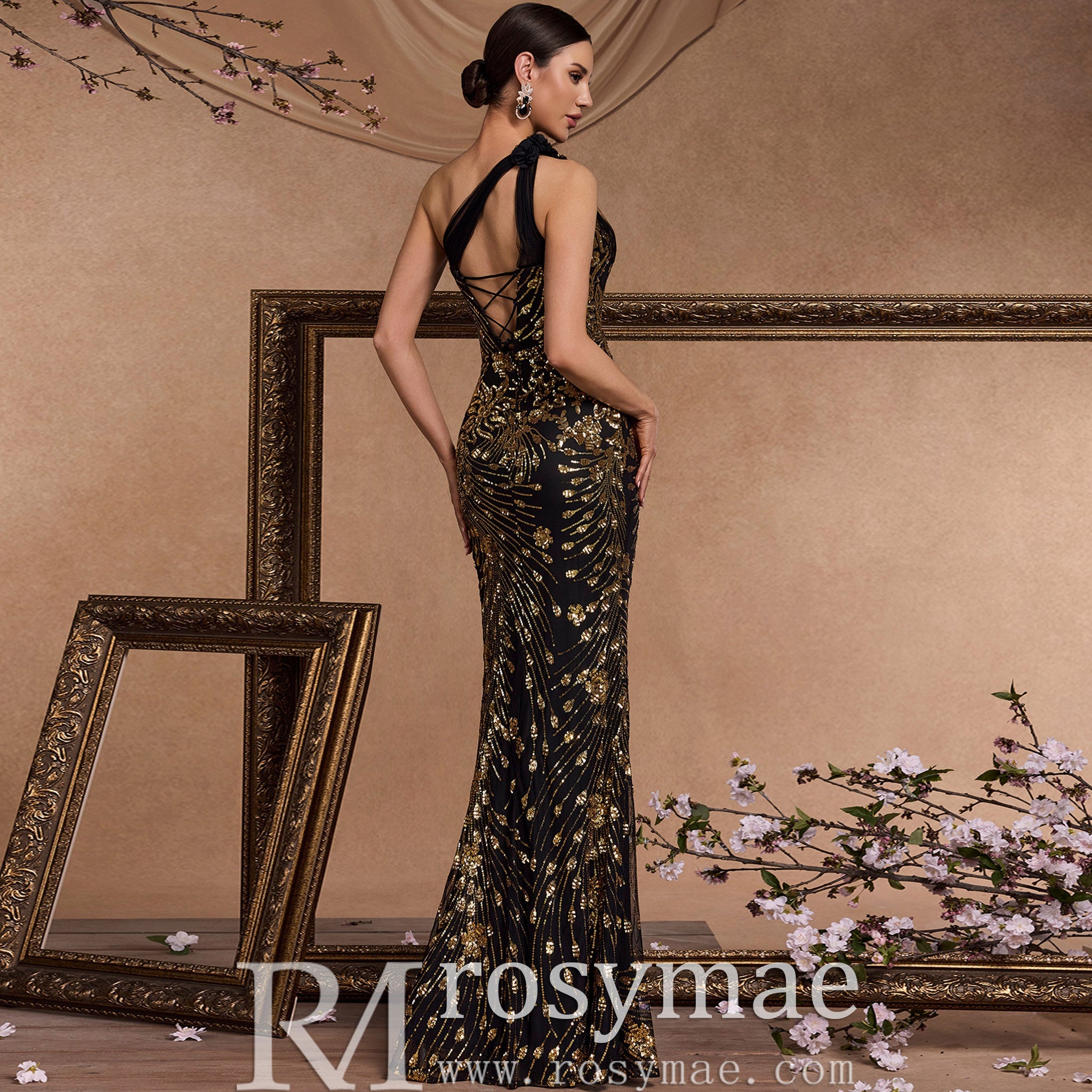Black and Gold One-Shoulder Long Formal Dress with Leg Slit