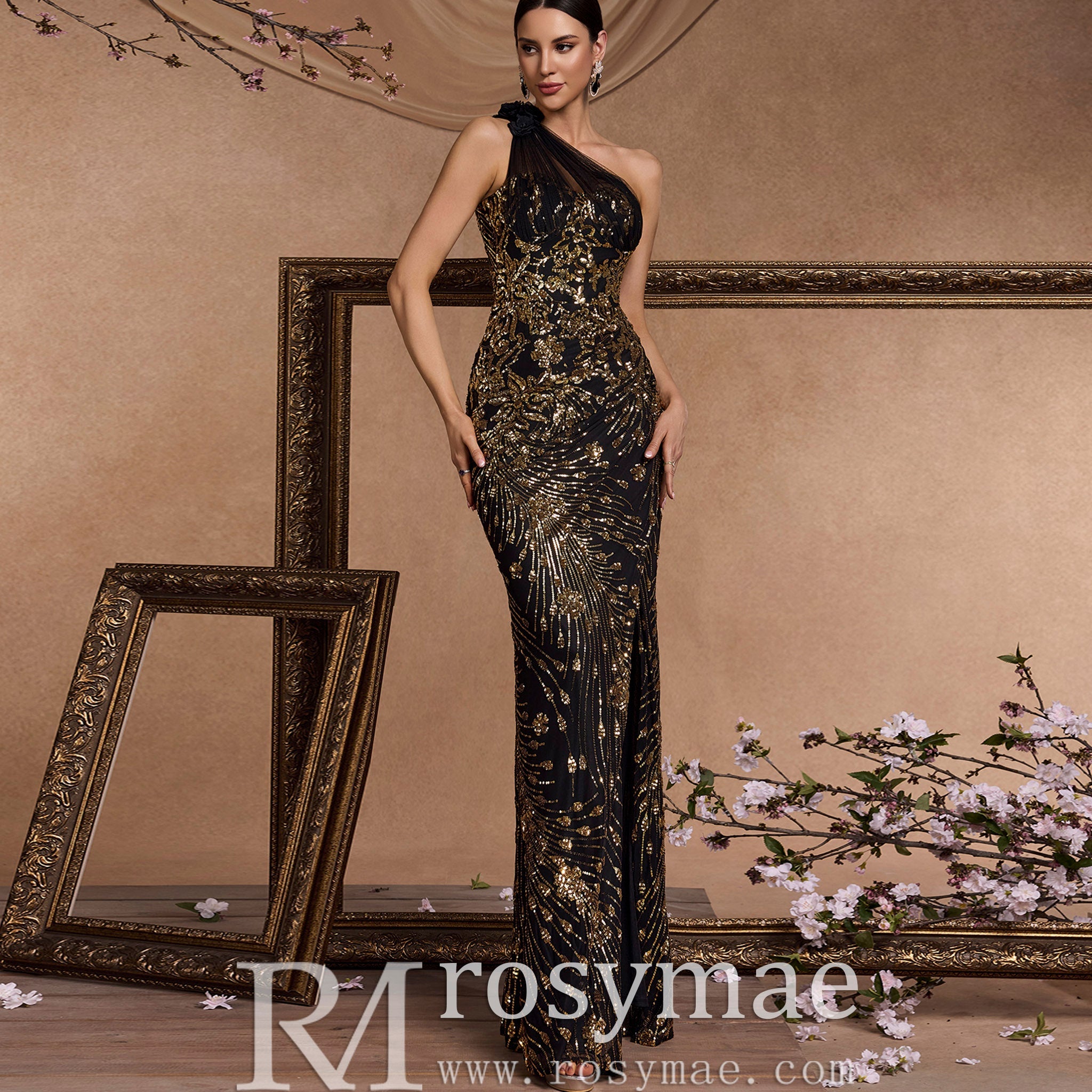 Black and Gold One-Shoulder Long Formal Dress with Leg Slit