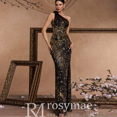 Black and Gold One-Shoulder Long Formal Dress with Leg Slit