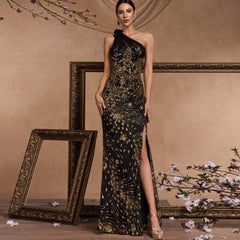 Black and Gold One-Shoulder Long Formal Dress with Leg Slit