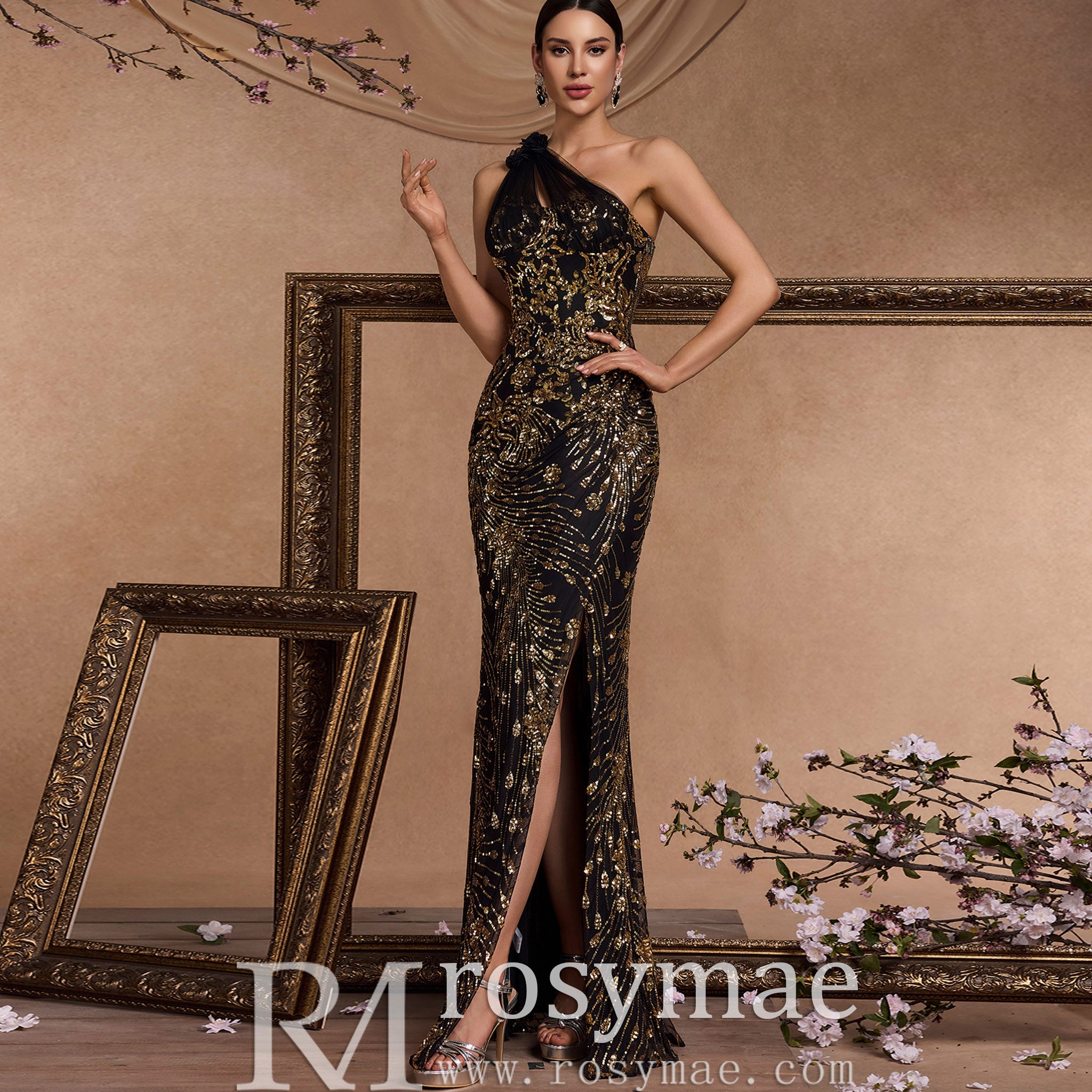Black and Gold One-Shoulder Long Formal Dress with Leg Slit
