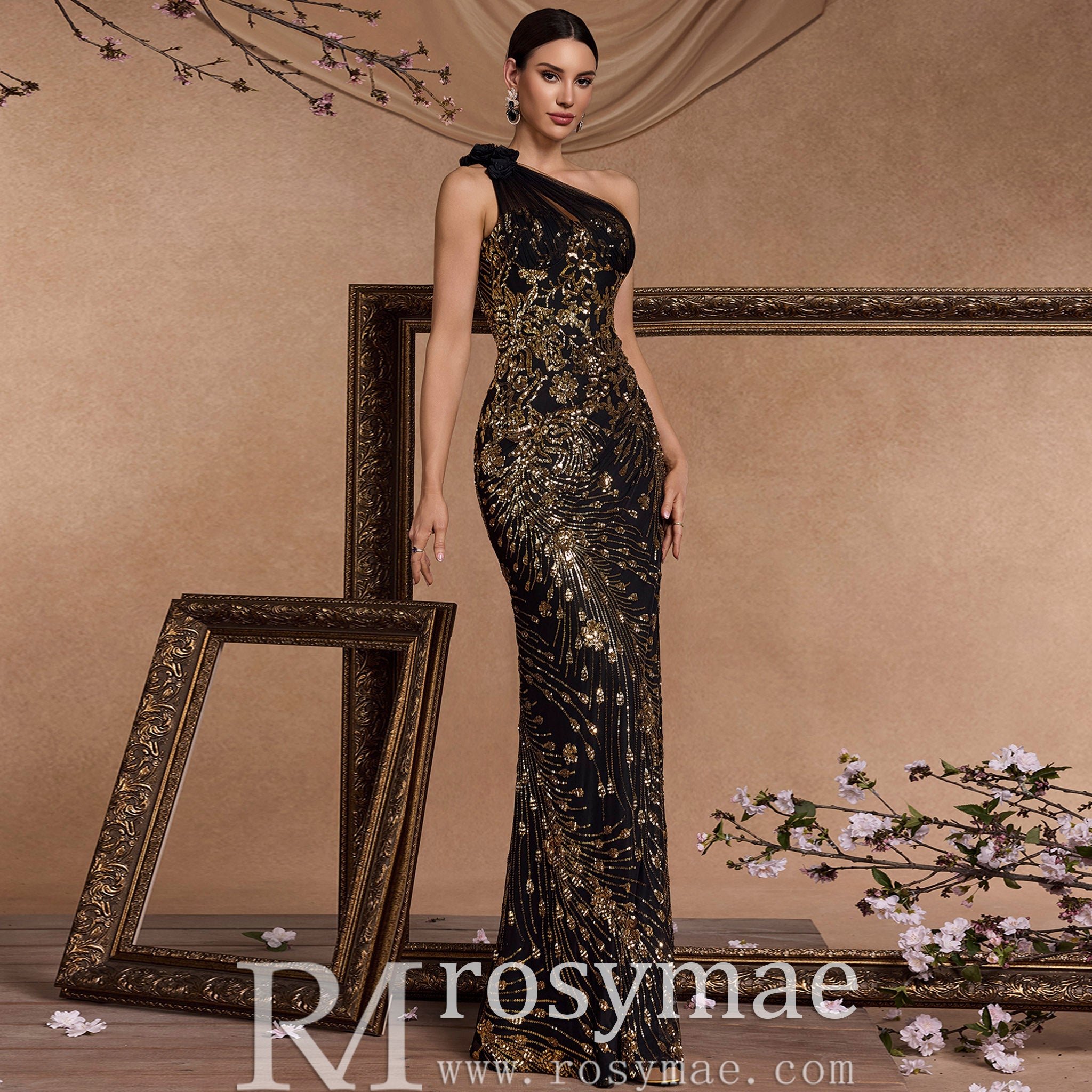 Black and Gold One-Shoulder Long Formal Dress with Leg Slit