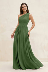 One - Shoulder Pleated A - Line Chiffon Bridesmaid Dress in Moss - SHE IS ME Bridesmaid Dresses