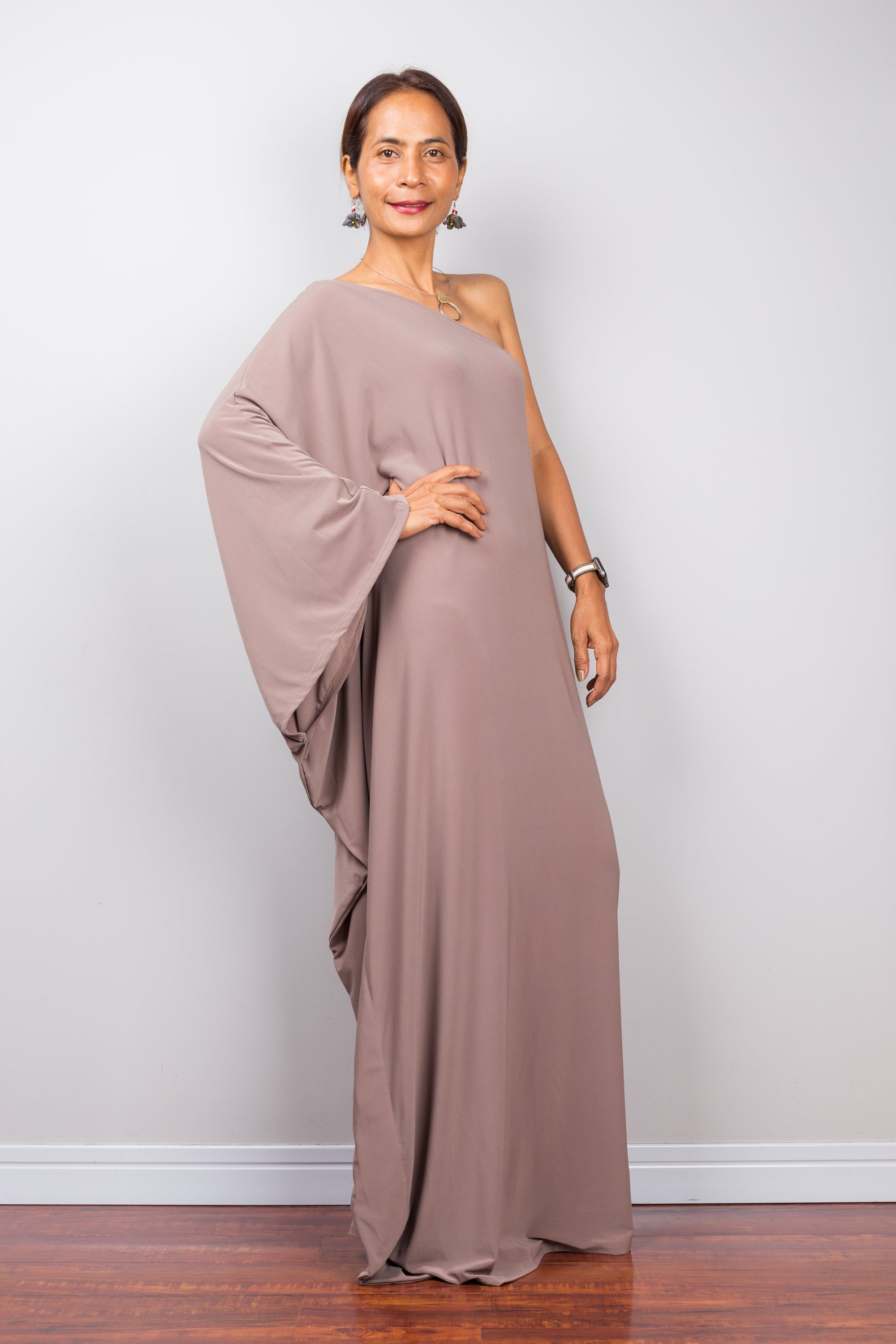 Taupe One Shoulder Dress by Nuichan.  Asymmetrical Kaftan dress