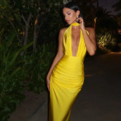 yellow satin halter-neck maxi dress, evening look