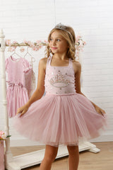 girls pink princess dress with crown at the chest