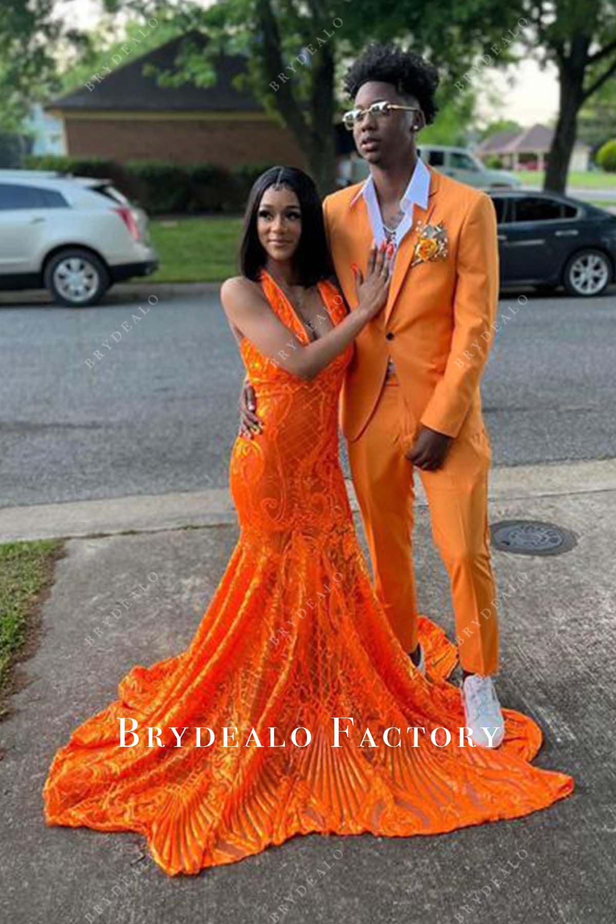 Orange Sequin Halter Neck Long Train Fishtail Prom Dress
