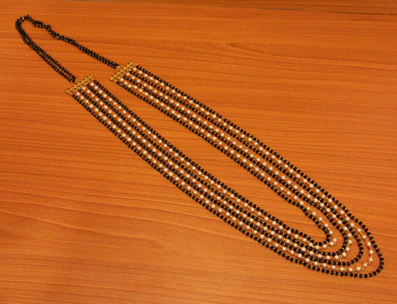 Black Beads & Pearl Multi String Necklace