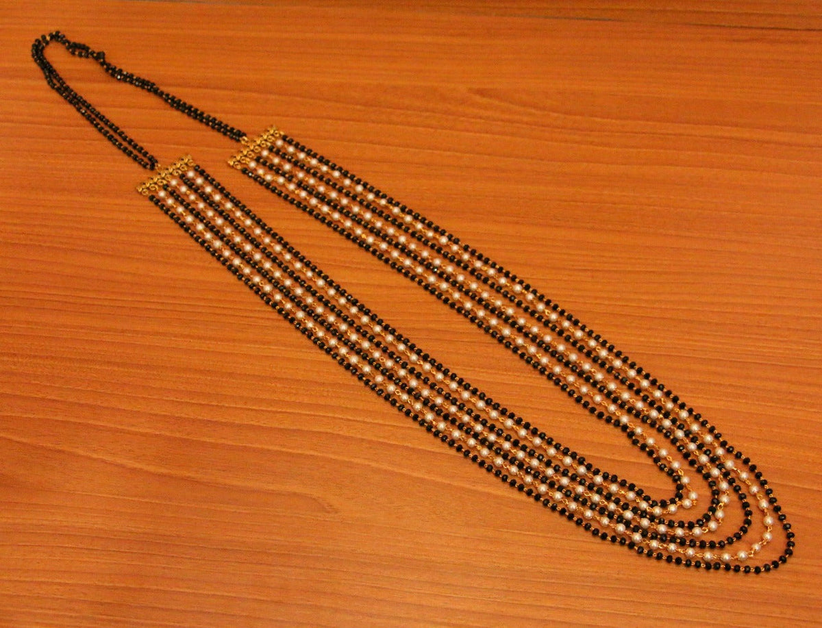 Black Beads & Pearl Multi String Necklace