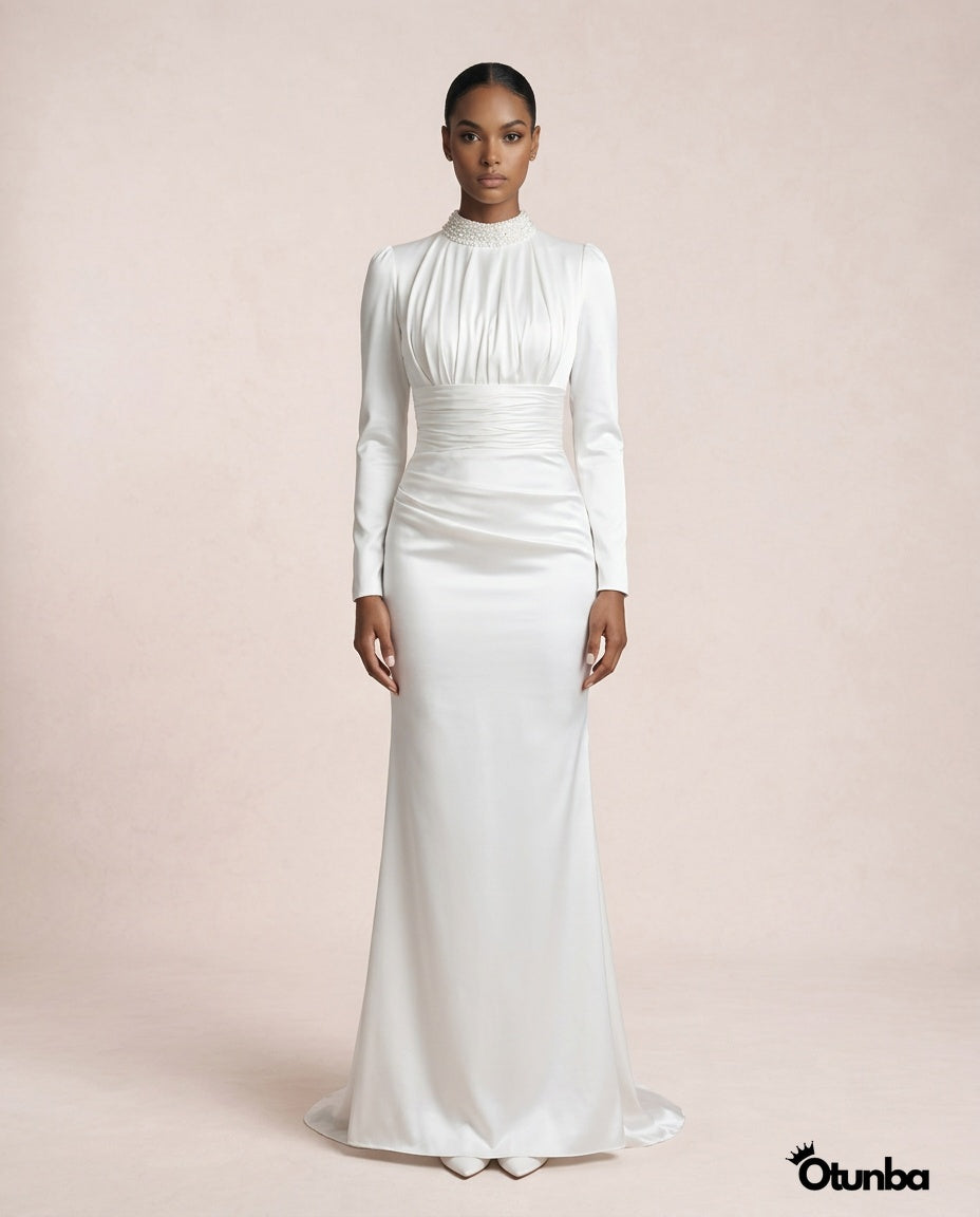 Simple Long Sleeve Satin Wedding Dress | Turtle Neck — Photo 5 | OTUNBA Luxury Fashion