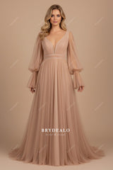 oyster tulle bubble sleeve wedding dress