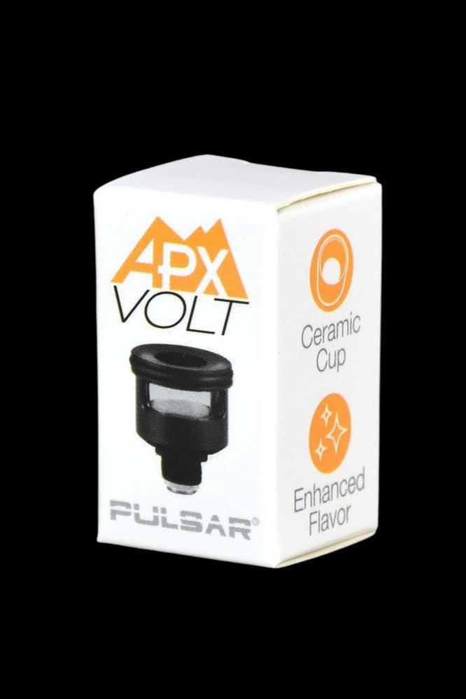 Pulsar APX Volt ceramic cup for vaporizing cannabis, shown in its packaging.