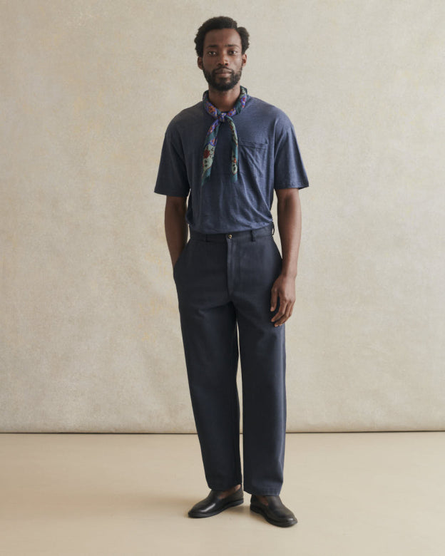Navy Balloon Trousers made of heavy cotton drill by De Bonne Facture, featuring a relaxed fit and stylish design.