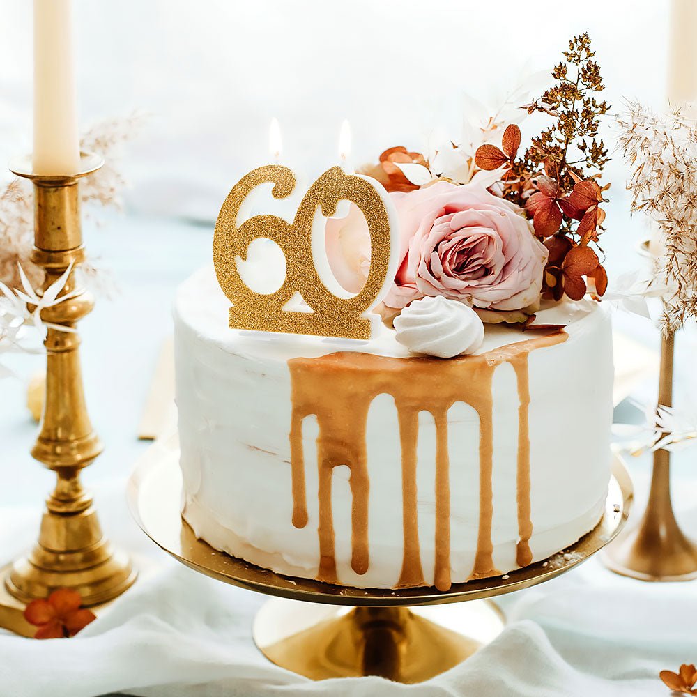 60 - Years Birthday Anniversary Cake Candle Glitter Gold – Partydeco – Cake Candles – Party Plush