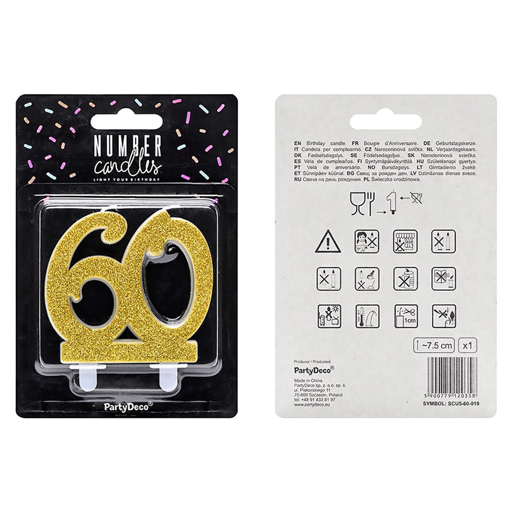 60 - Years Birthday Anniversary Cake Candle Glitter Gold – Partydeco – Cake Candles – Party Plush