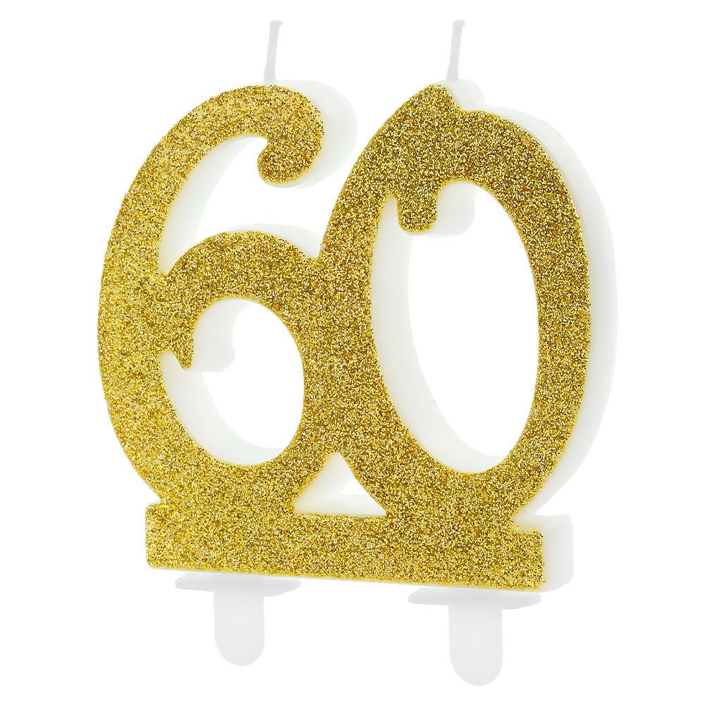 60 - Years Birthday Anniversary Cake Candle Glitter Gold – Partydeco – Cake Candles – Party Plush