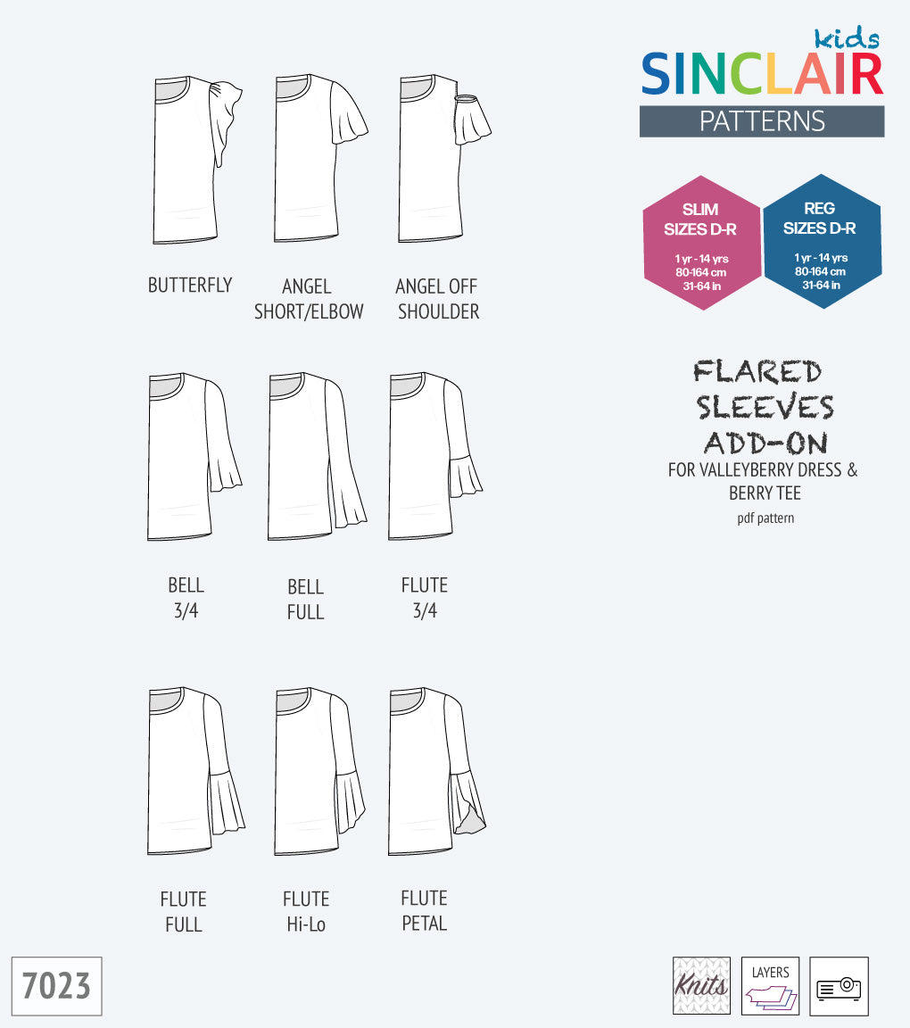 ADD-ON Flared Sleeves add-on pack for Valleyberry dress and Berry tee other compatible patterns for children (PDF)