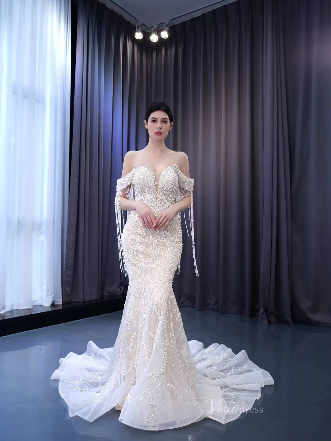 Pearl Mermaid Wedding Dresses Off the Shoulder Bridal Dress 222173-wedding dresses 2025 -Viniodress-Ivory-Custom Size-