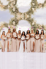 Pearl Pink Sleeveless Slit Mismatched Bridesmaid Dresses
