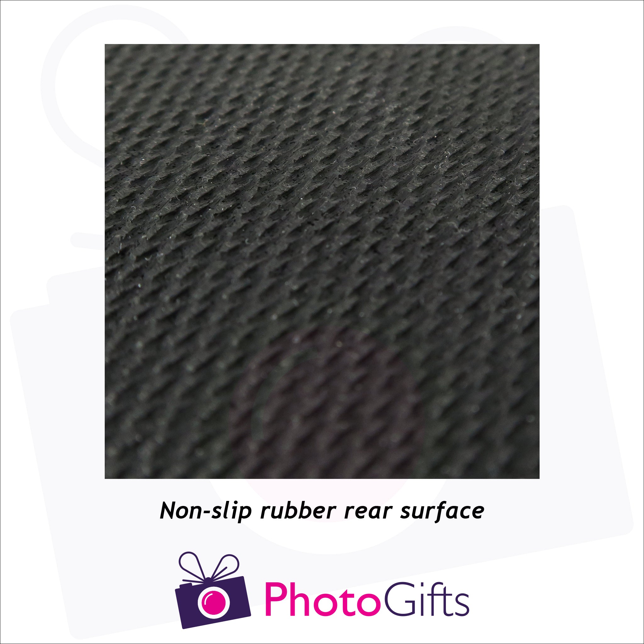 close up of rear of personalised rubber coasters as produced by Photogifts.co.uk