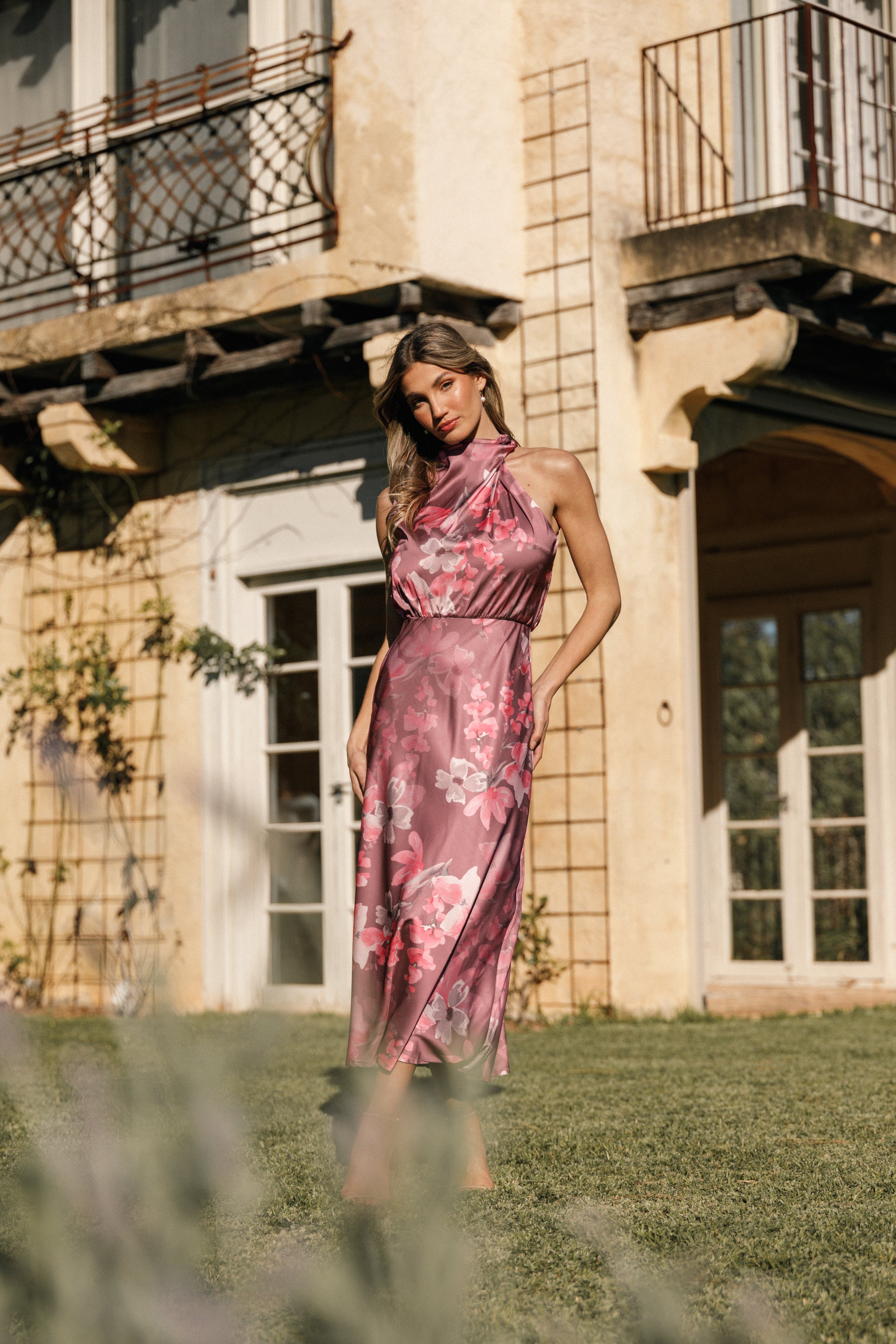 Petal and Pup USA DRESSES Anabelle Halter Neck Midi Dress - Dark Rose Floral