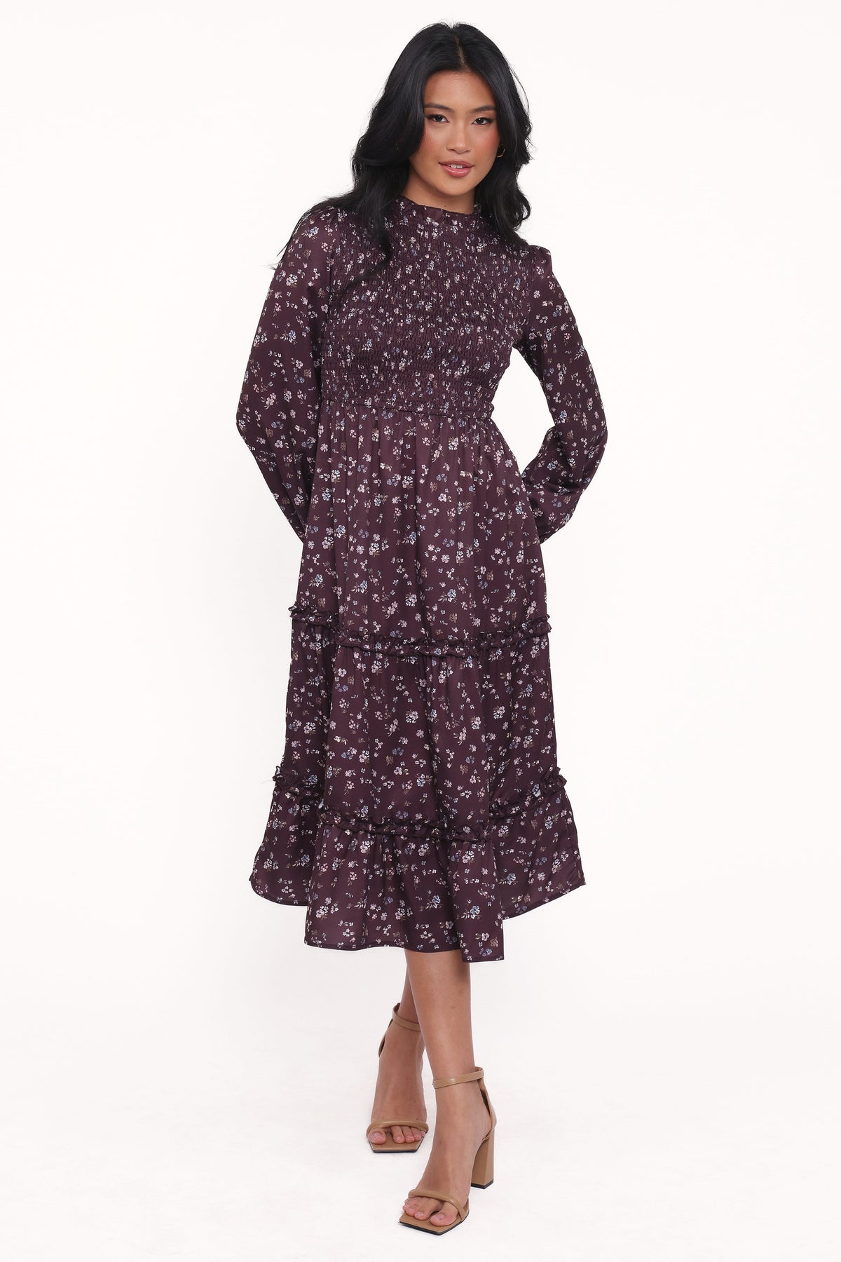 Petal and Pup USA DRESSES Edwina Shirred Frill Long Sleeve Midi Dress - Plum Floral