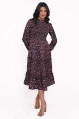 Petal and Pup USA DRESSES Edwina Shirred Frill Long Sleeve Midi Dress - Plum Floral