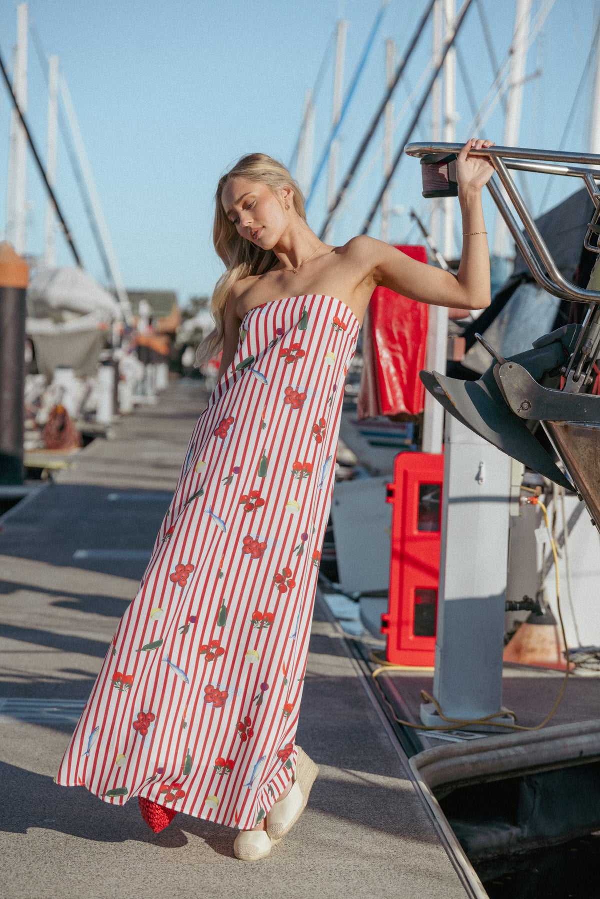 Petal and Pup USA DRESSES Soph Strapless Maxi Dress - Red Picnic Stripe