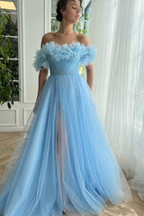Light Blue Flowers Off-Shoulder A-line Long Prom Dress with Slit