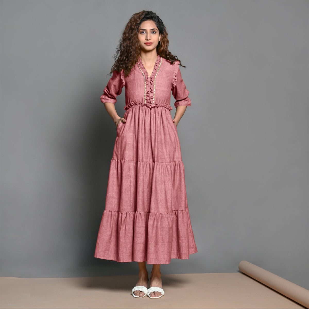 Pink Hand-Beaded Cotton Flax Boho Maxi Dress