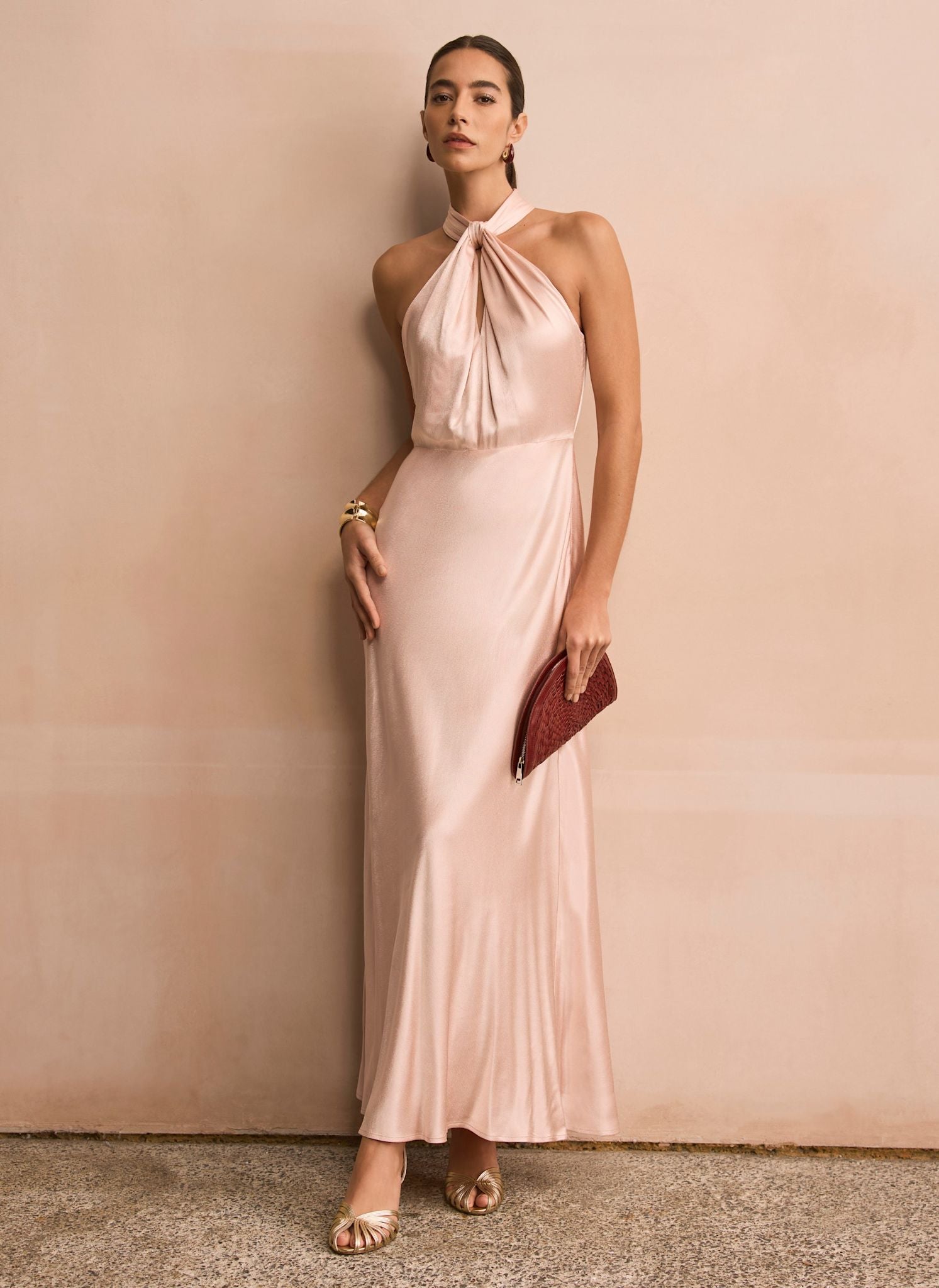 Pink Satin Halter Maxi Dress