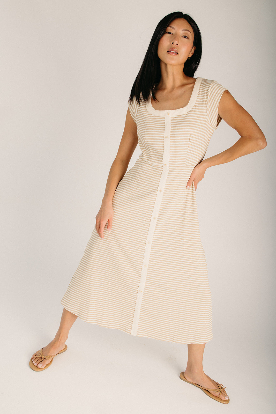 The Norwich Ribbed Midi Dress in Cream + Taupe
