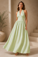 pista green maxi dress, high waist A-line maxi, summer A-line halter, Open back halter maxi dress with deep V neckline, high waist A-line maxi silhouette and breathable maxi dress flow for resort halter maxi vacations, brunch styling, and summer evening halter maxi looks, deep V open back maxi.